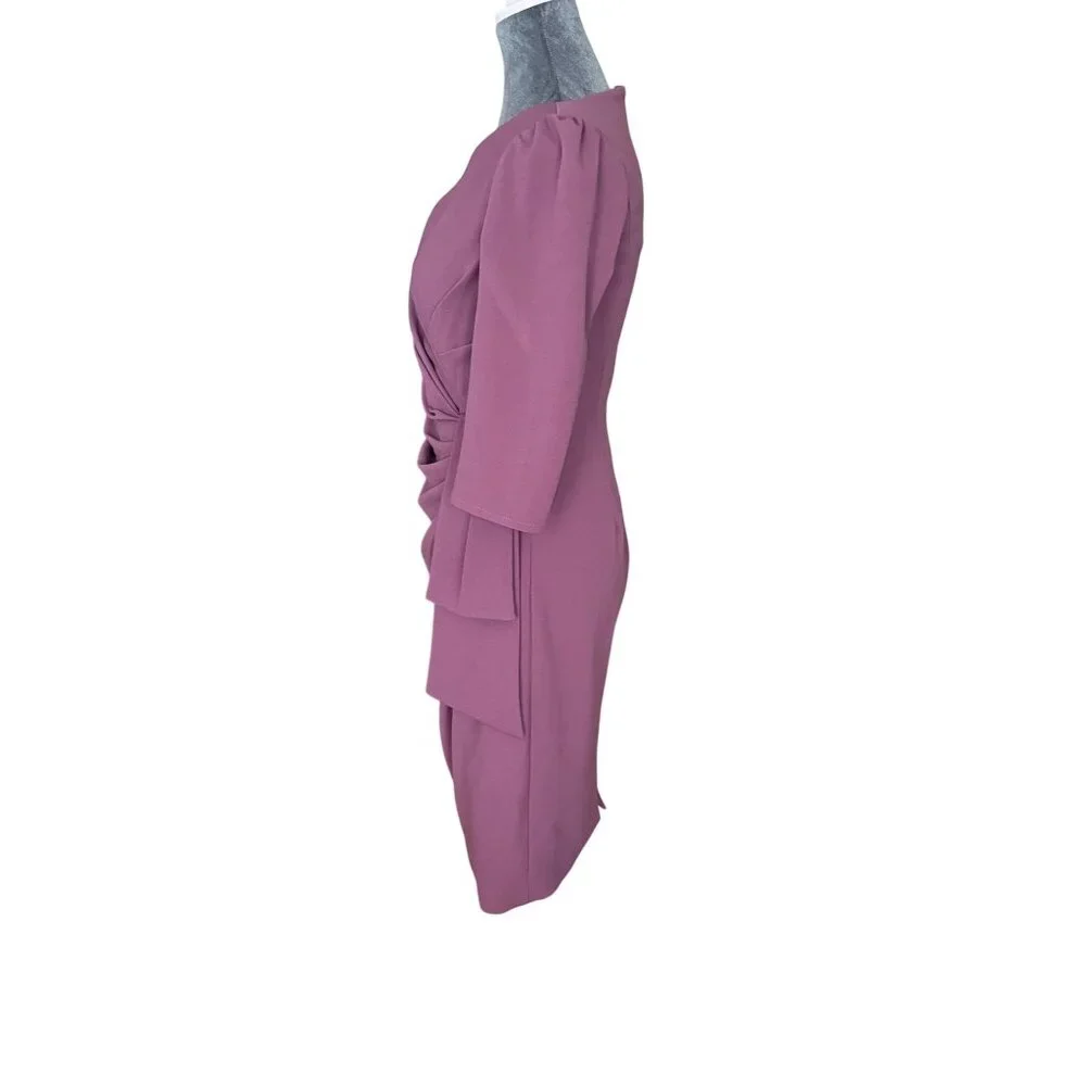 Oleg Cassini Mauve Sheath Dress Size 6 With Ruched Wrap Design & 3/4 Sleeves - Picture 3 of 6